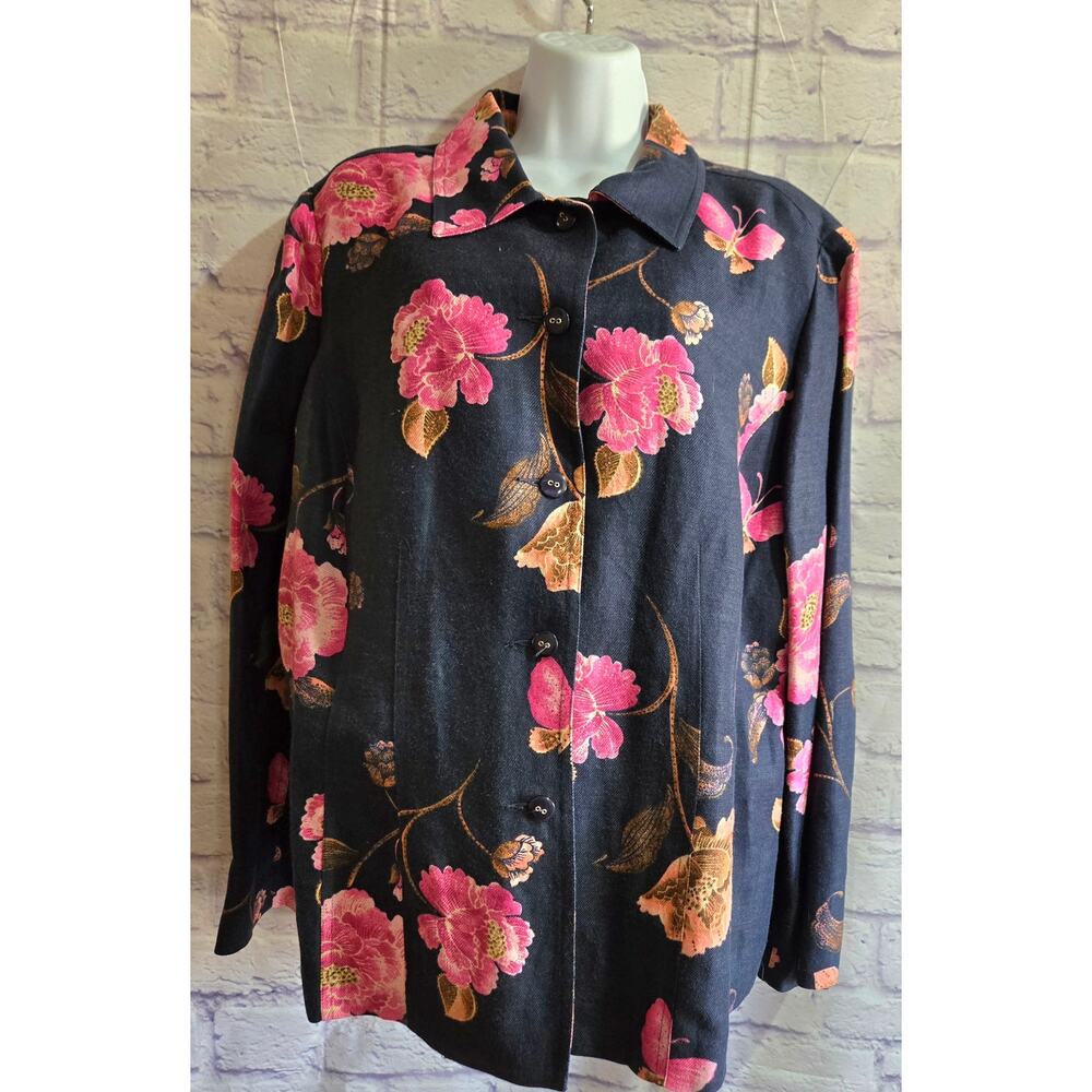 Emma James Dark Blue Pink Floral Button Up Shirt 16W Plus Pointed Collar